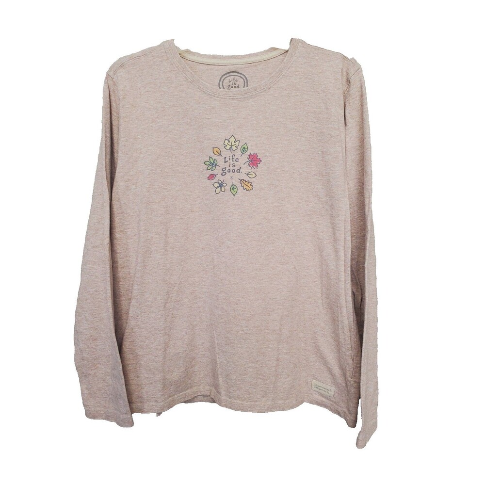 Life is Good Women's Relaxed Fit Tan Fall Leaves Long Sleeve T-Shirt Size Large